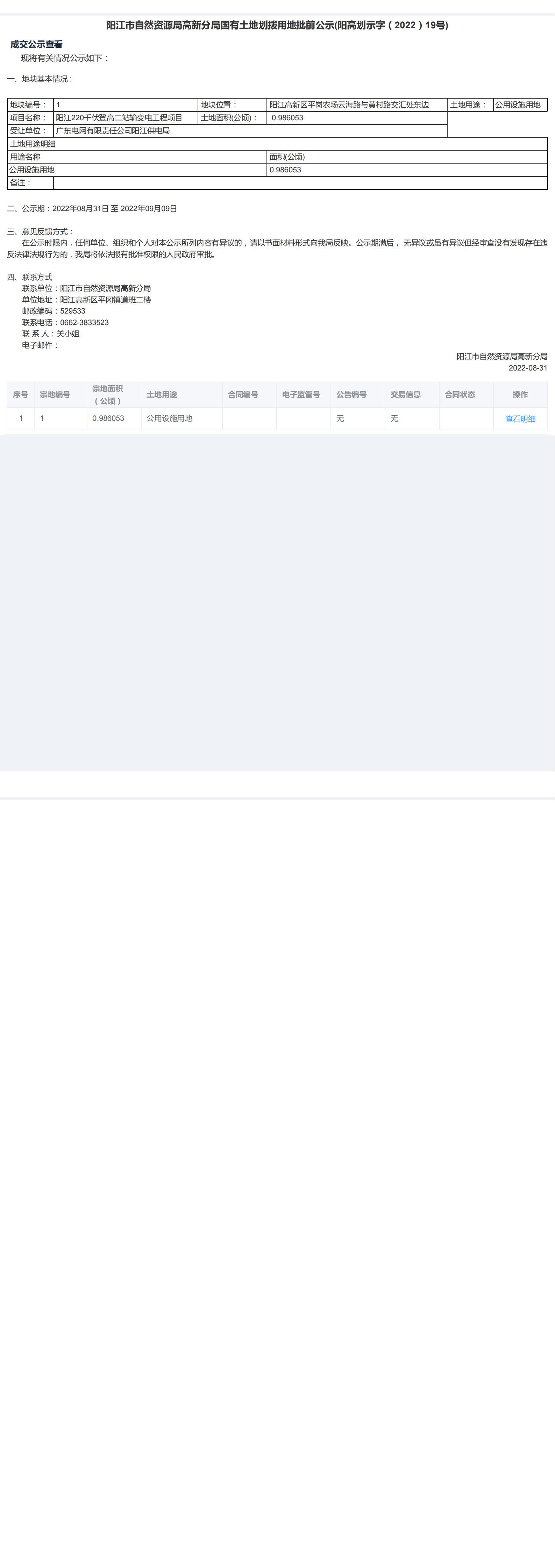 陽江市自然資源局高新分局國有土地劃撥用地批前公示（陽高劃示字（2022）19號(hào)）_00.png